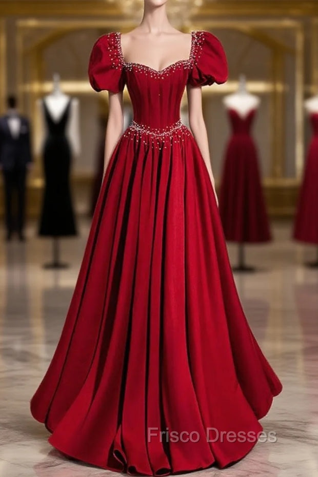 Burgundy Square Puff Sleeve Pearls Formal Prom Dress Main image