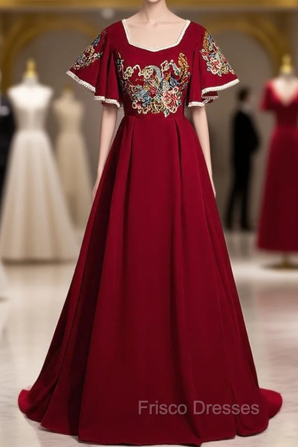 Burgundy Square Short Sleeve Embroidery Appliques Formal Prom Dress