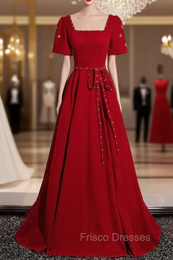 Burgundy Square Short Sleeve Pearls Formal Prom Dress