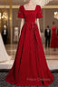 Burgundy Square Short Sleeve Pearls Formal Prom Dress