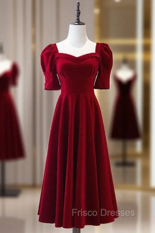 Burgundy Square Short Sleeve Tea Length Formal Prom Dress Main image