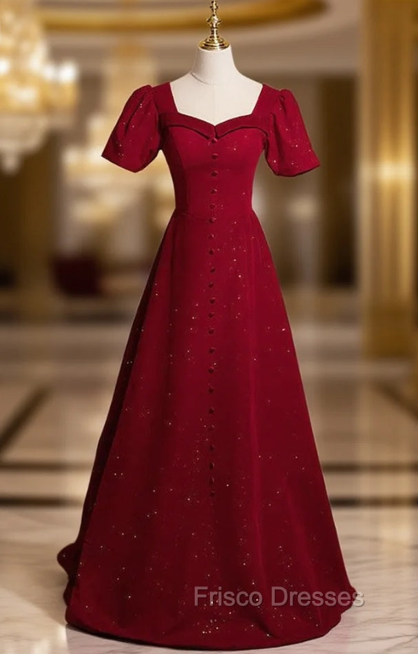 Burgundy Square Square Puff Sleeve Button Formal Prom Dress Main image