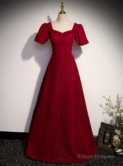 Burgundy Square Square Puff Sleeve Button Prom Dress