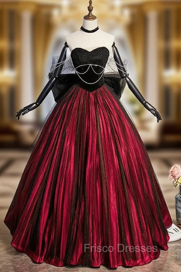 Burgundy Strapless Black Tulle Bow Formal Prom Dress Main image