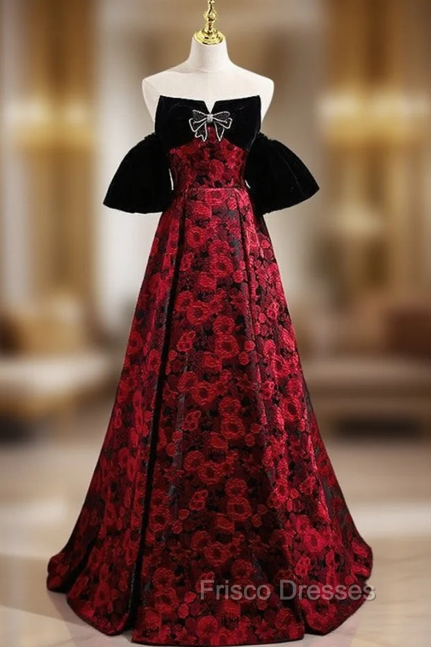 Burgundy Strapless Black Velvet Formal Prom Dress Main image