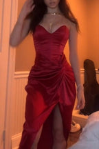 Burgundy Strapless Long Prom Dress Evening Dress With Slit
