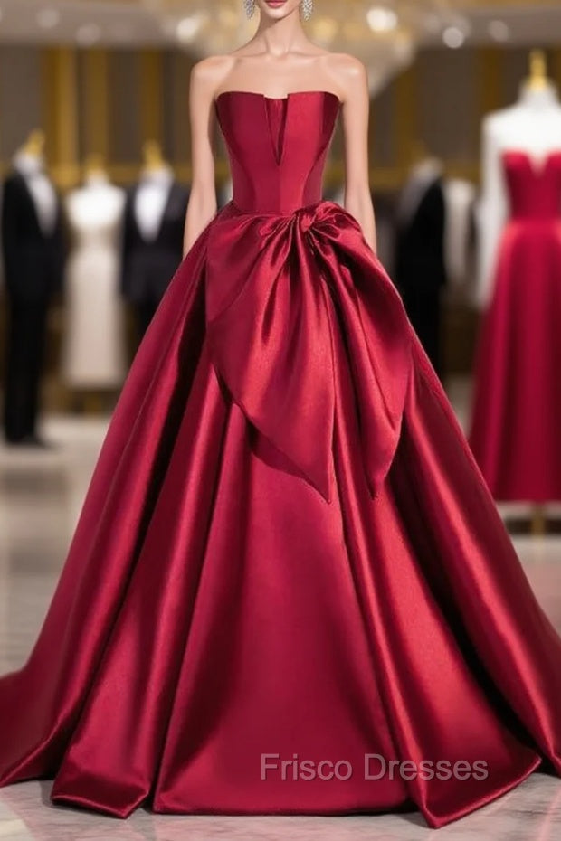 Burgundy Strapless Satin Bow Formal Prom Dress