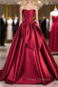 Burgundy Strapless Satin Bow Formal Prom Dress
