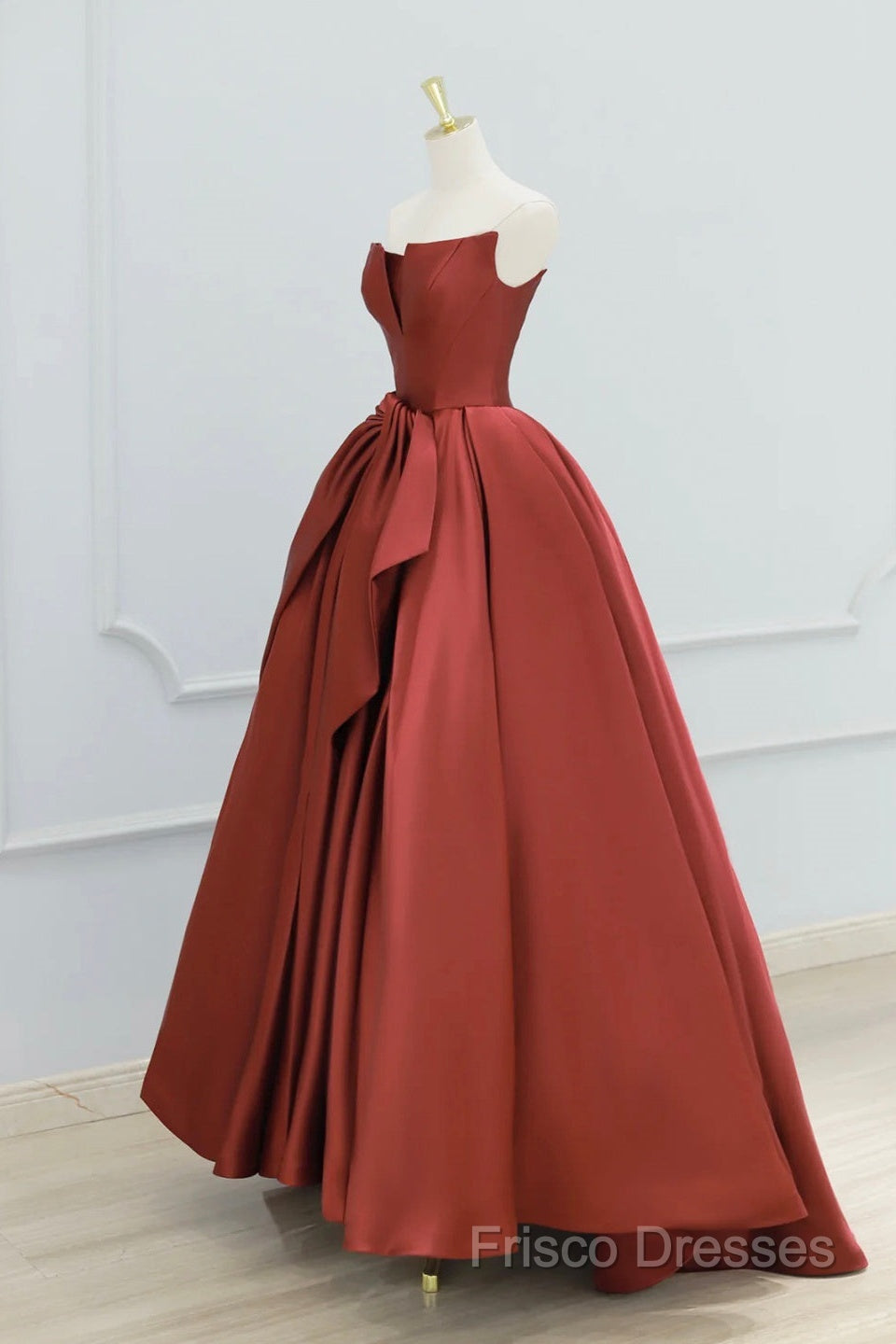 Burgundy Strapless Satin Long Formal Prom Dress, Beautiful A-Line Formal Party Dress