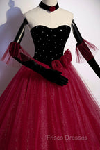 Burgundy Strapless Tulle Long Formal Prom Dress, A-Line Evening Party Dress