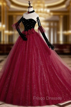 Burgundy Strapless Tulle Long Formal Prom Dress, A-Line Evening Party Dress