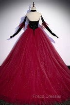 Burgundy Strapless Tulle Long Formal Prom Dress, A-Line Evening Party Dress