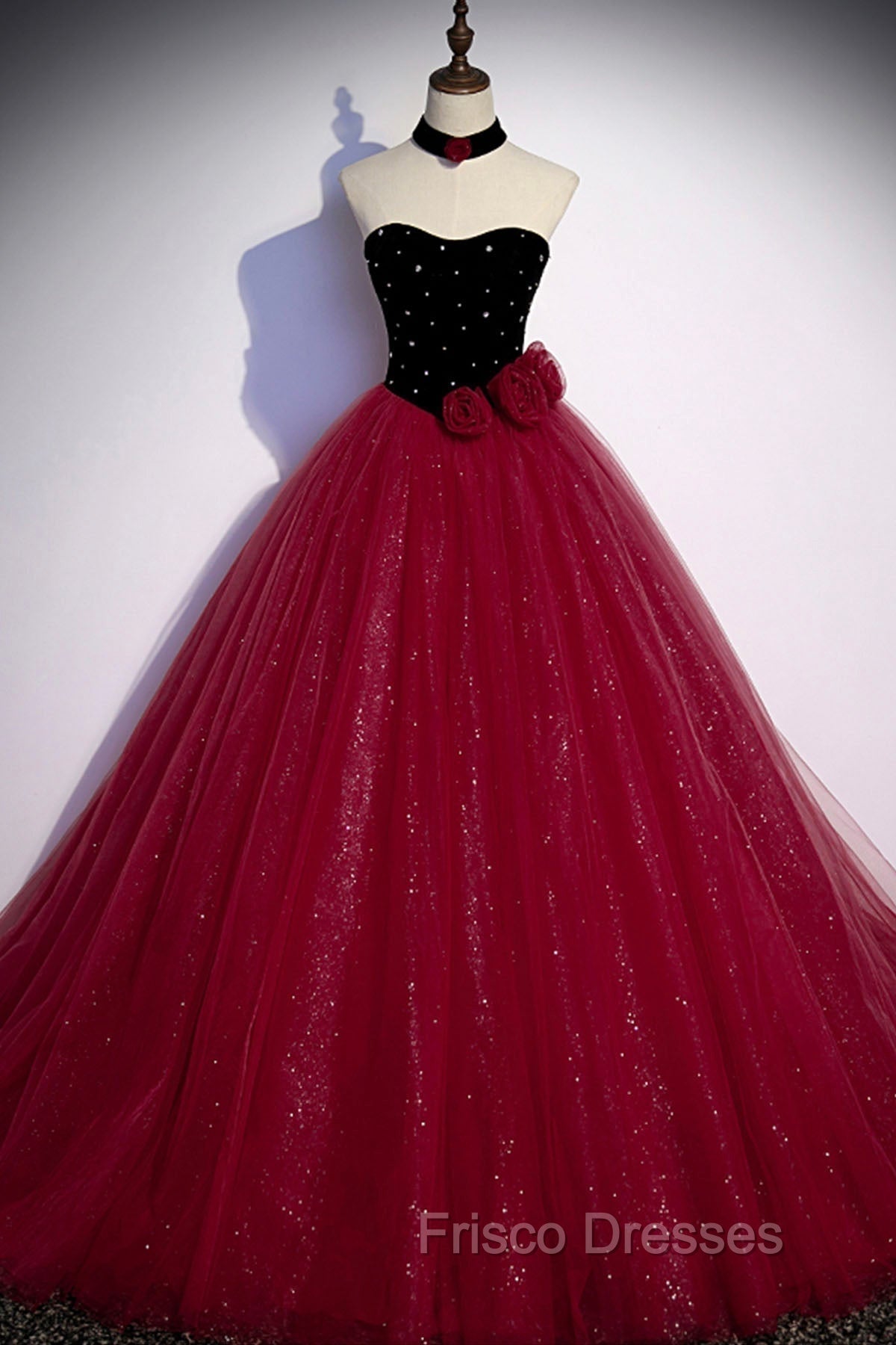 Burgundy Strapless Tulle Long Formal Prom Dress, A-Line Evening Party Dress