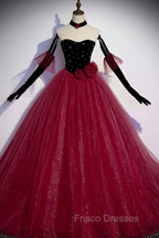 Burgundy Strapless Tulle Long Formal Prom Dress, A-Line Evening Party Dress