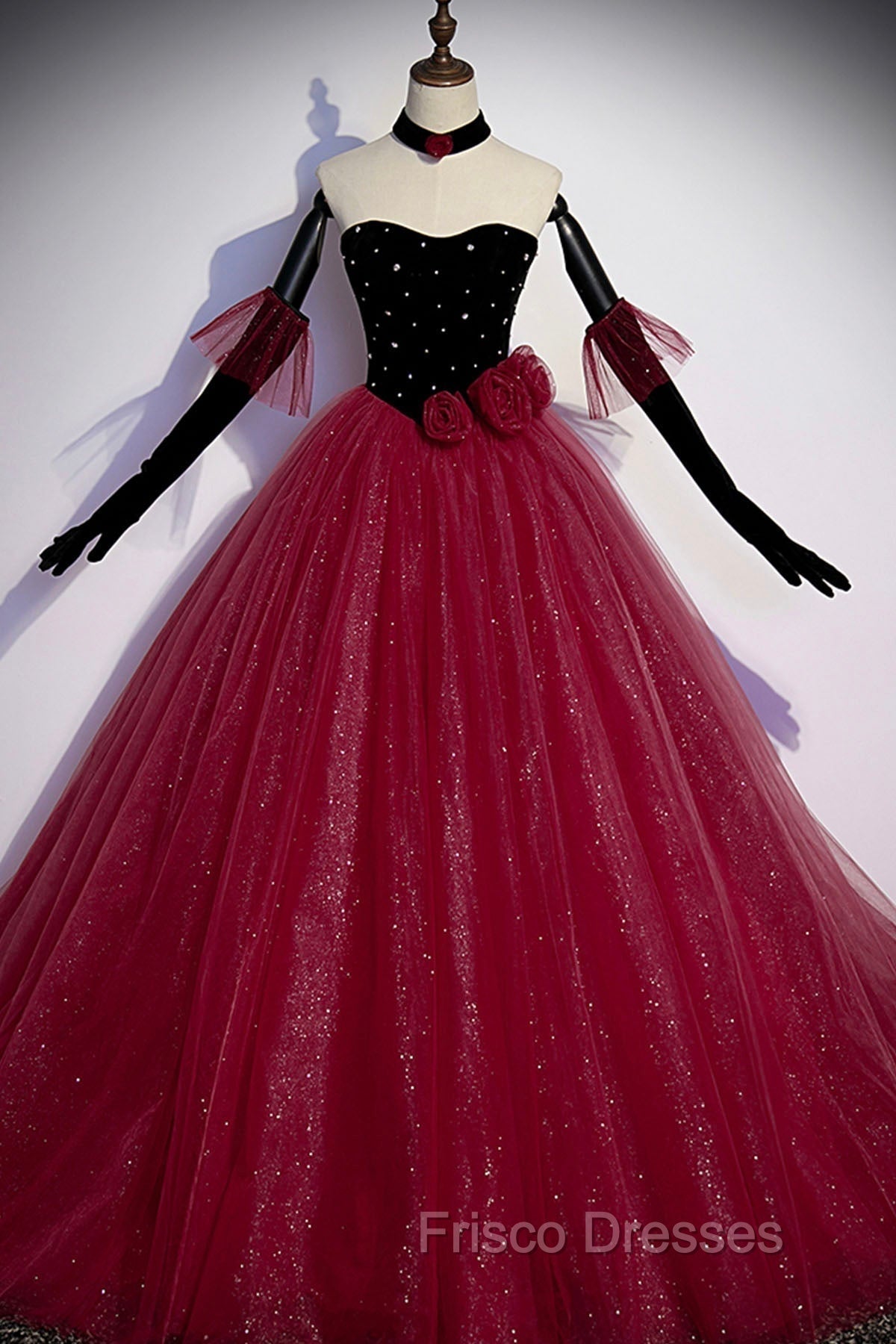 Burgundy Strapless Tulle Long Formal Prom Dress, A-Line Evening Party Dress