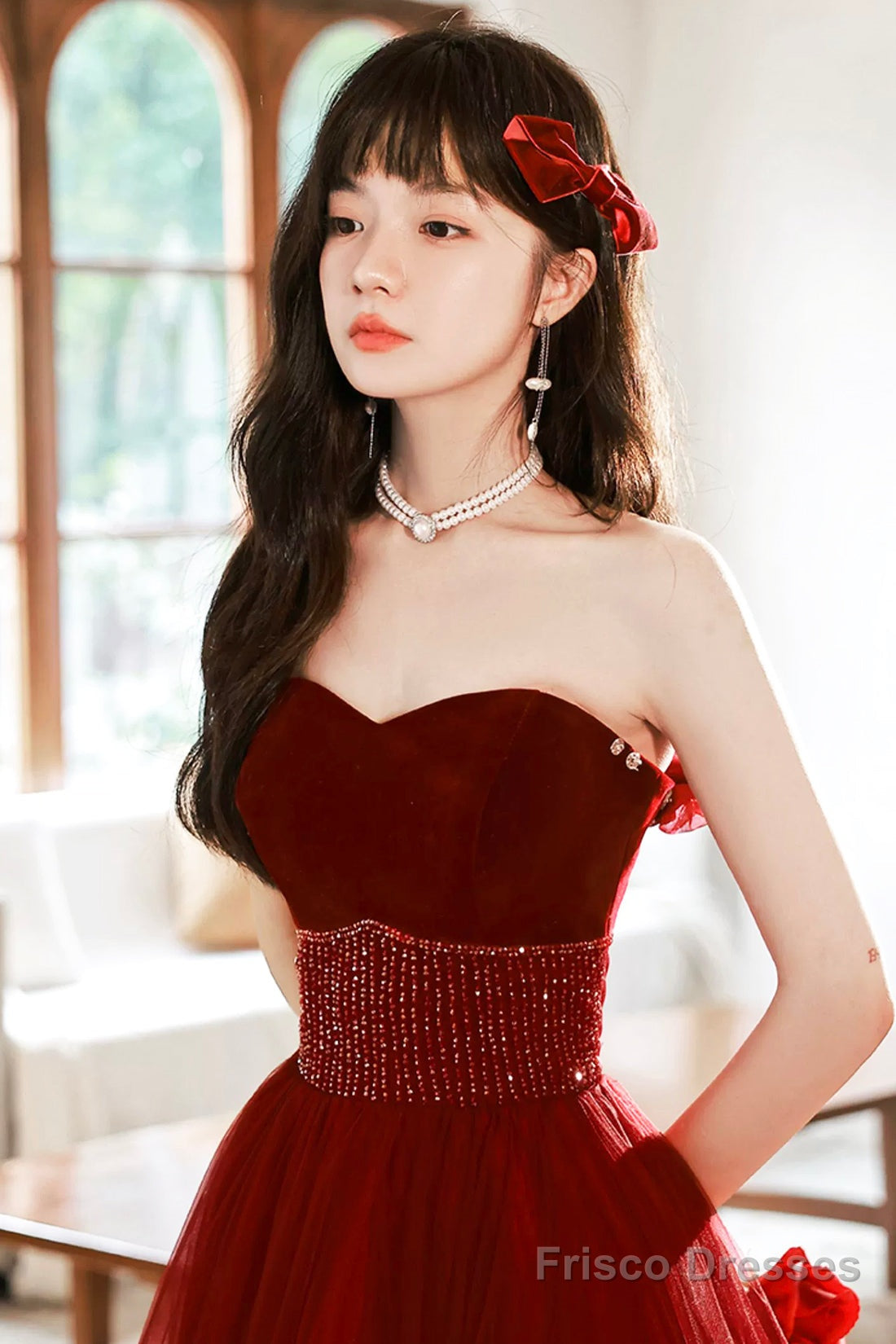 Burgundy Strapless Tulle Long Prom Dress With Beaded, Burgundy Tulle Formal Dress