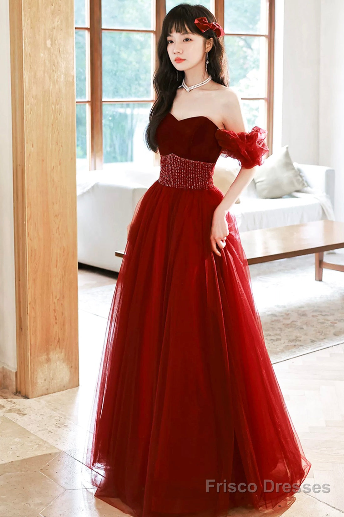 Burgundy Strapless Tulle Long Prom Dress With Beaded, Burgundy Tulle Formal Dress