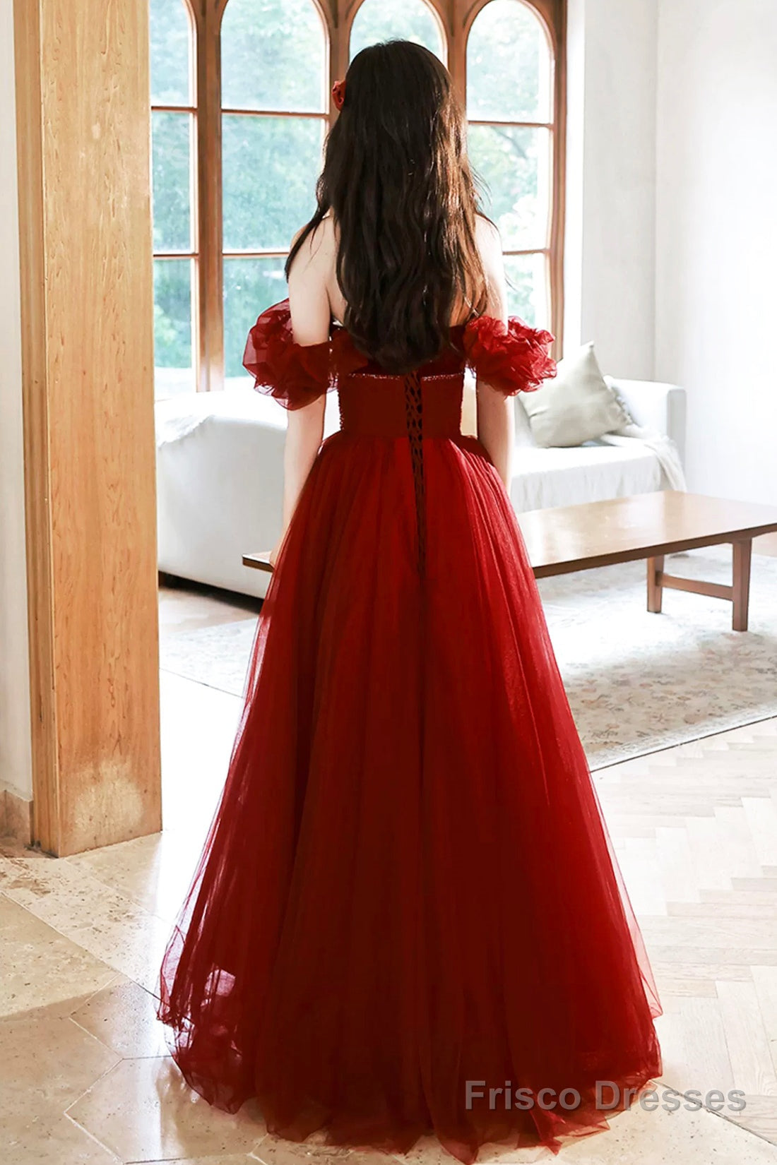 Burgundy Strapless Tulle Long Prom Dress With Beaded, Burgundy Tulle Formal Dress