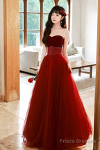 Burgundy Strapless Tulle Long Prom Dress With Beaded, Burgundy Tulle Formal Dress