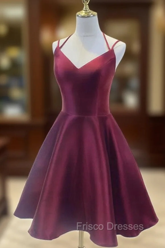 Burgundy Straps V-neckline Short Party Dress , Lovely Satin Homecoming Dress Main image