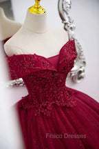Burgundy Sweet 16 Formal Gown with Lace, Off the Shoulder Formal Prom Dress Party Dress