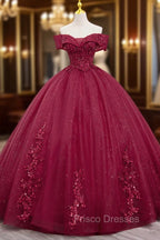 Burgundy Sweet 16 Formal Gown with Lace, Off the Shoulder Formal Prom Dress Party Dress