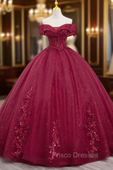 Burgundy Sweet 16 Formal Gown with Lace, Off the Shoulder Formal Prom Dress Party Dress