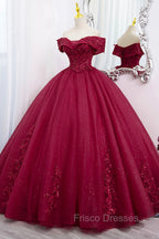 Burgundy Sweet 16 Formal Gown with Lace, Off the Shoulder Formal Prom Dress Party Dress