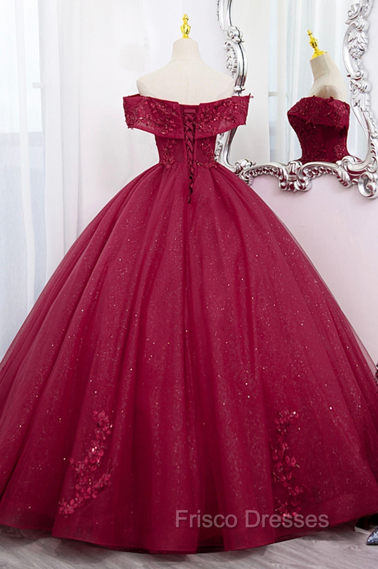 Burgundy Sweet 16 Formal Gown with Lace, Off the Shoulder Formal Prom Dress Party Dress