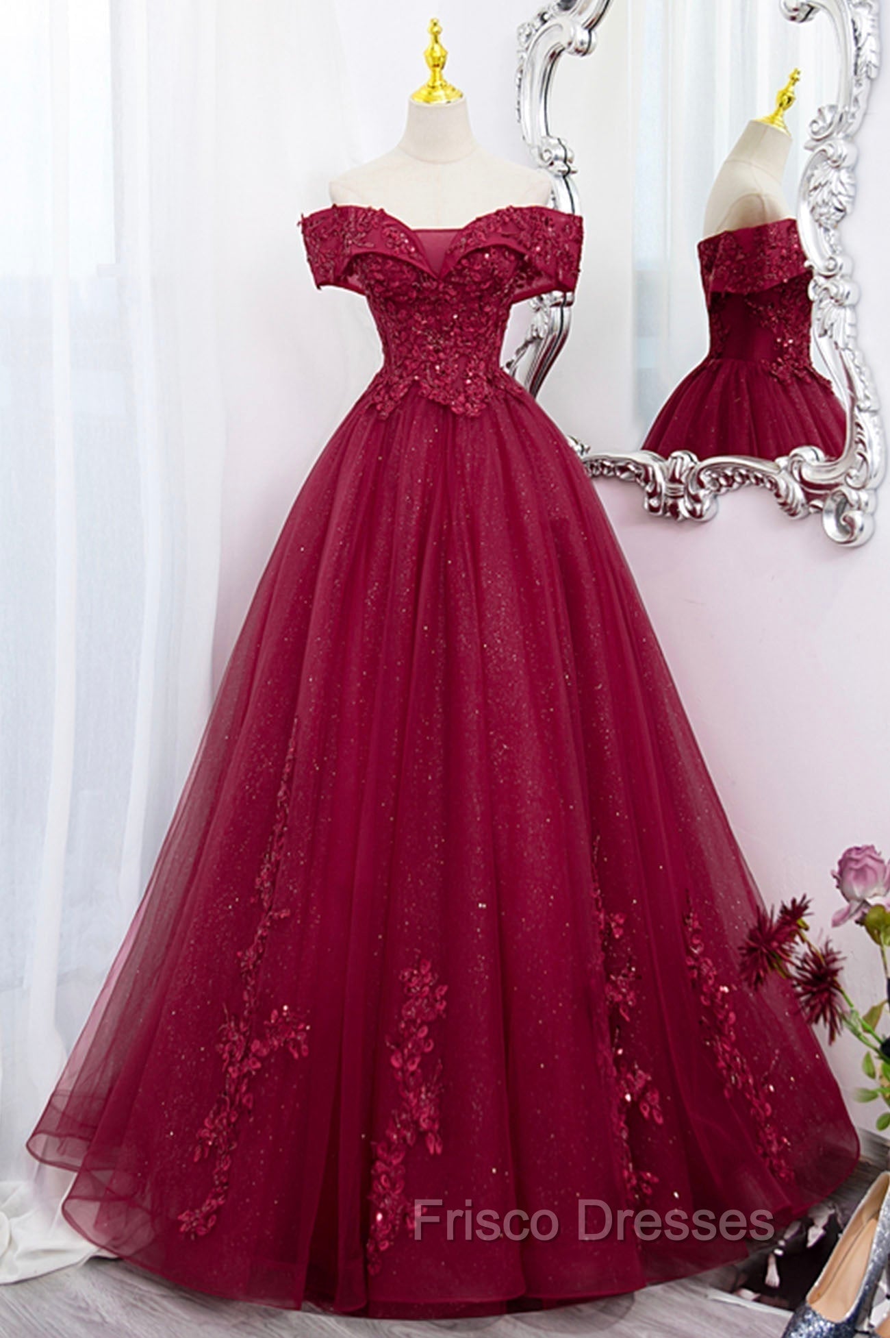 Burgundy Sweet 16 Formal Gown with Lace, Off the Shoulder Formal Prom Dress Party Dress Main image