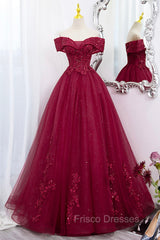 Burgundy Sweet 16 Formal Gown with Lace, Off the Shoulder Formal Prom Dress Party Dress
