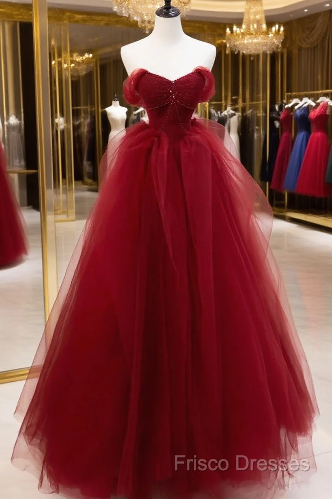 Burgundy Sweetheart Ball Gown Tulle With Beaded Formal Prom Dress, Bur ...