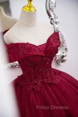 Burgundy Sweetheart Flowers Sequins Lace Party Dress, Long Formal Dress Formal Prom Dress