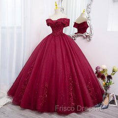 Burgundy Sweetheart Flowers Sequins Lace Party Dress, Long Formal Dress Formal Prom Dress