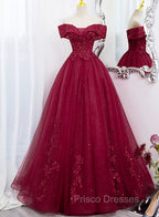 Burgundy Sweetheart Flowers Sequins Lace Party Dress, Long Formal Dress Formal Prom Dress