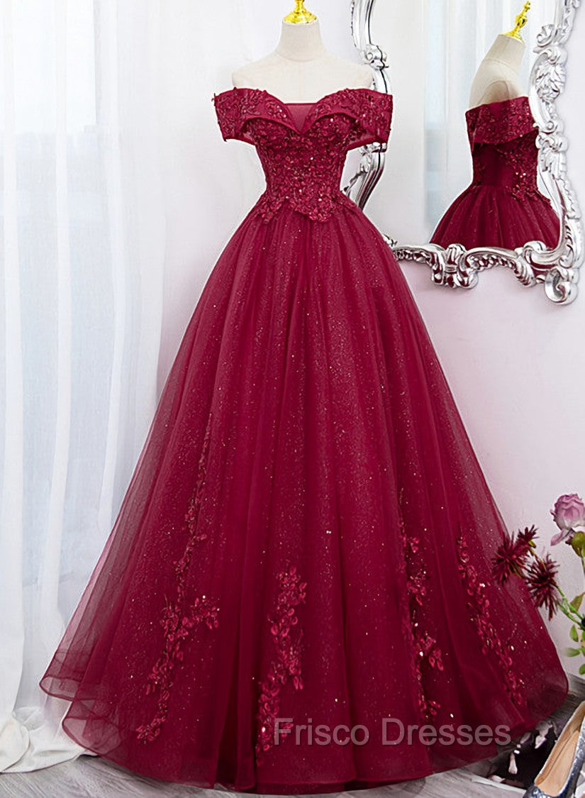 Burgundy Sweetheart Flowers Sequins Lace Party Dress, Long Formal Dress Formal Prom Dress
