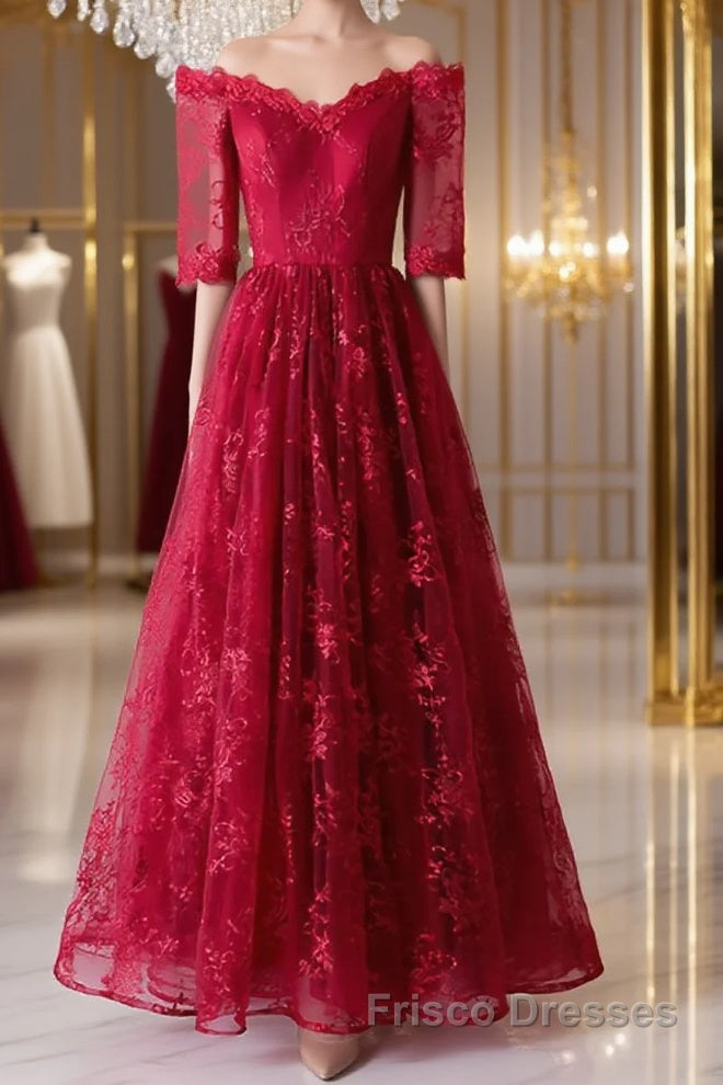 Burgundy sweetheart lace long Formal Prom Dresses, burgundy evening Dresses Main image
