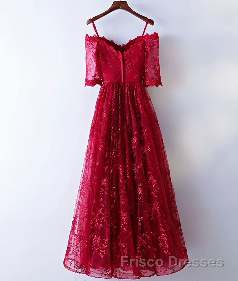 Burgundy sweetheart lace long Formal Prom Dresses, burgundy evening Dresses