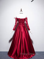 Burgundy Sweetheart Lace Satin Long Formal Prom Dress Burgundy Evening Dress