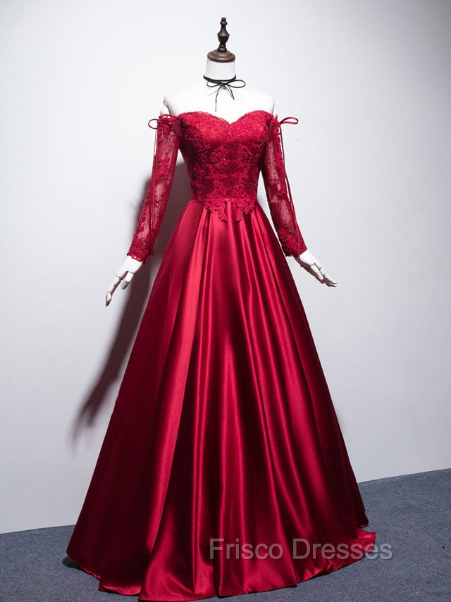 Burgundy Sweetheart Lace Satin Long Formal Prom Dress Burgundy Evening Dress