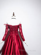 Burgundy Sweetheart Lace Satin Long Formal Prom Dress Burgundy Evening Dress