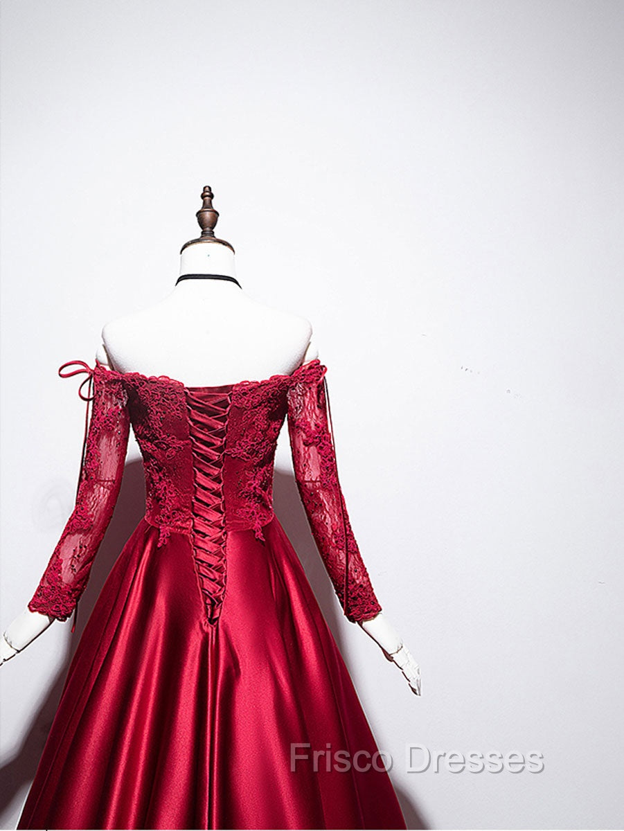 Burgundy Sweetheart Lace Satin Long Formal Prom Dress Burgundy Evening Dress