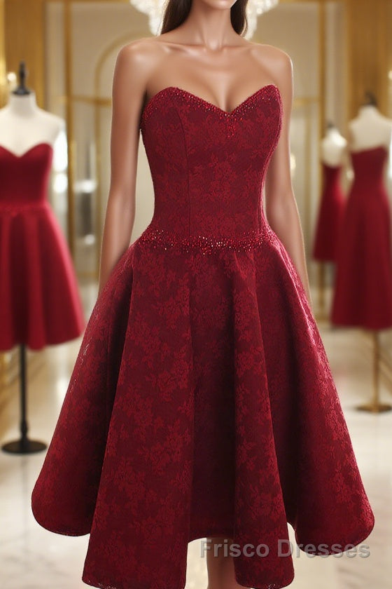 Burgundy sweetheart lace short Formal Prom Dresses burgundy homecoming Dresses Main image