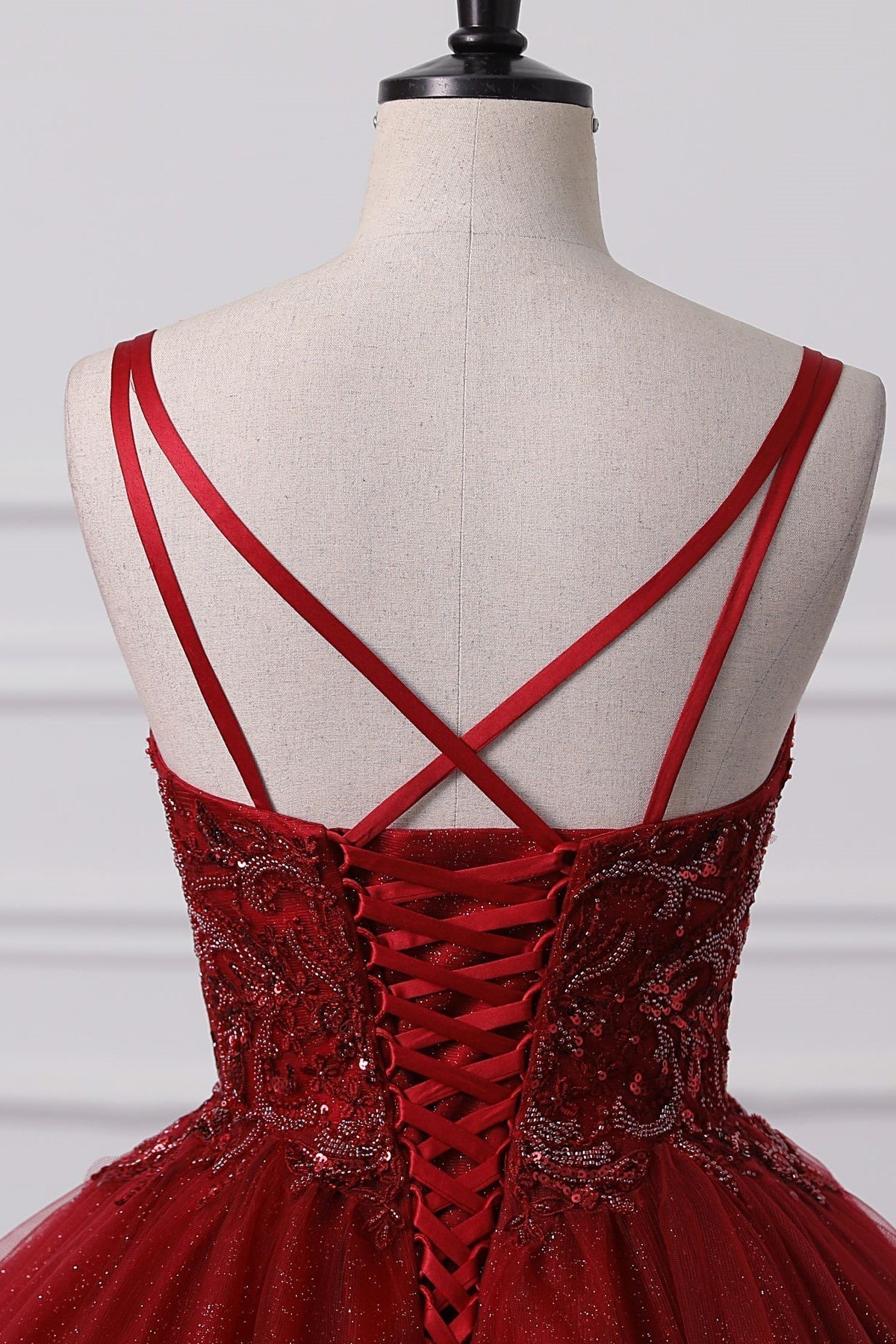 Burgundy Sweetheart Lace-Up Criss Cross Straps Ball Gown Evening Dress