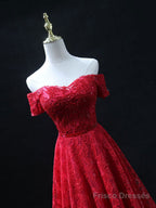 Burgundy Sweetheart Neck Tulle Lace Long Prom Dress, Lace Evening Dress