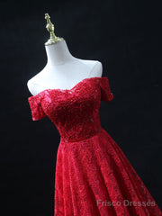 Burgundy Sweetheart Neck Tulle Lace Long Prom Dress, Lace Evening Dress