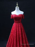 Burgundy Sweetheart Neck Tulle Lace Long Prom Dress, Lace Evening Dress