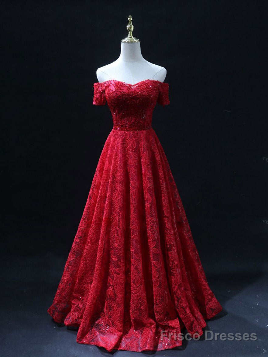 Burgundy Sweetheart Neck Tulle Lace Long Prom Dress, Lace Evening Dress Main image
