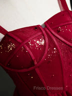 Burgundy Sweetheart Neck Tulle Sequin Short Formal Prom Dress, Puffy Cute Homecoming  Dress