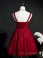 Burgundy Sweetheart Neck Tulle Sequin Short Formal Prom Dress, Puffy Cute Homecoming  Dress